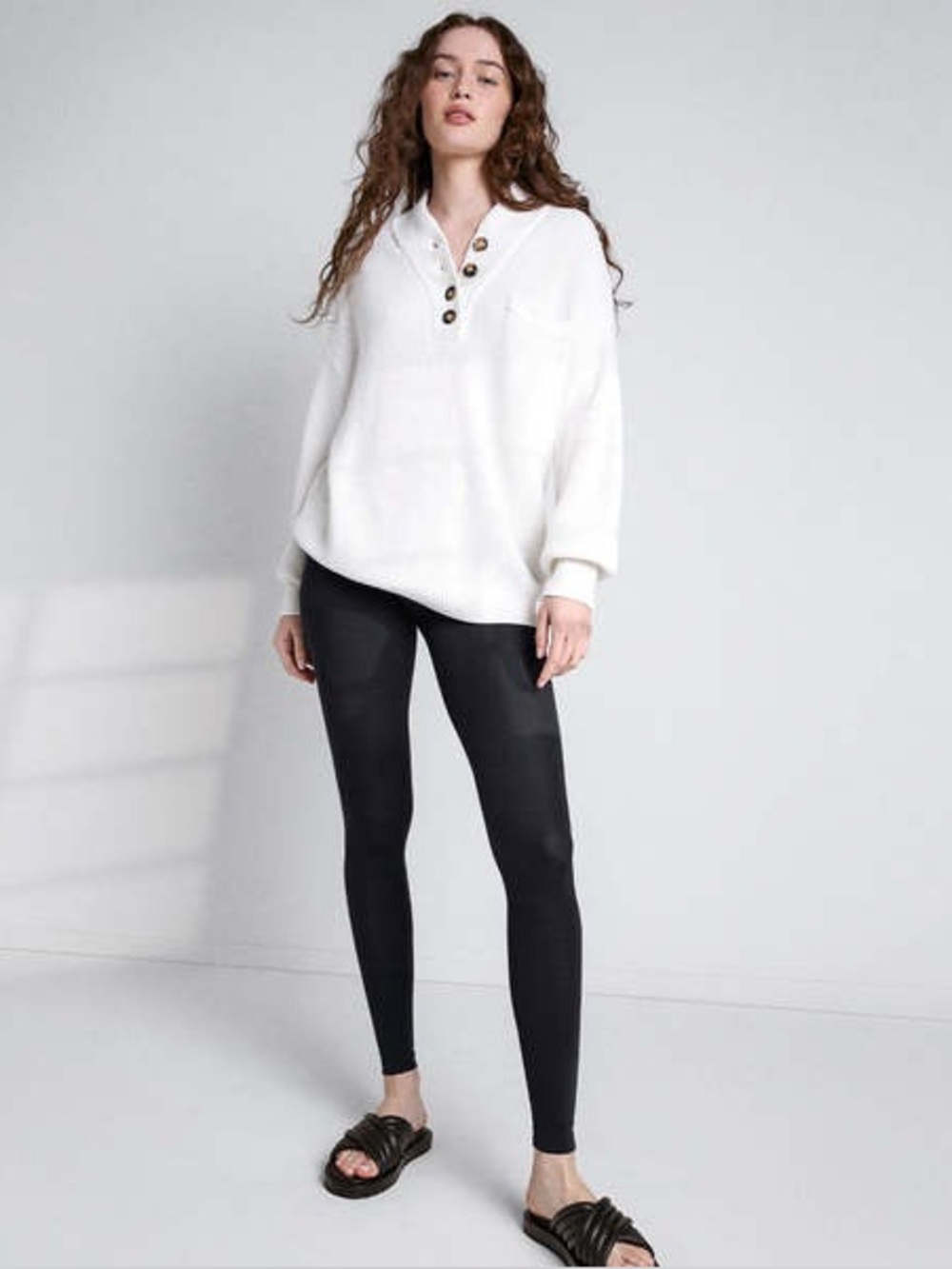 Lunya Cozy Cottonsilk Pocket Henley Sweater Ivory Chunky Knit XS/S